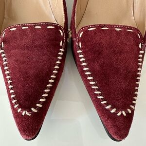 Manolo Blahnik Burgundy Suede Flats with White Stitching